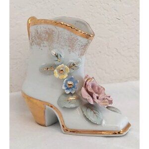 Vintage Porcelain Hand Painted In Japan Flowered Victorian Boot Figurine